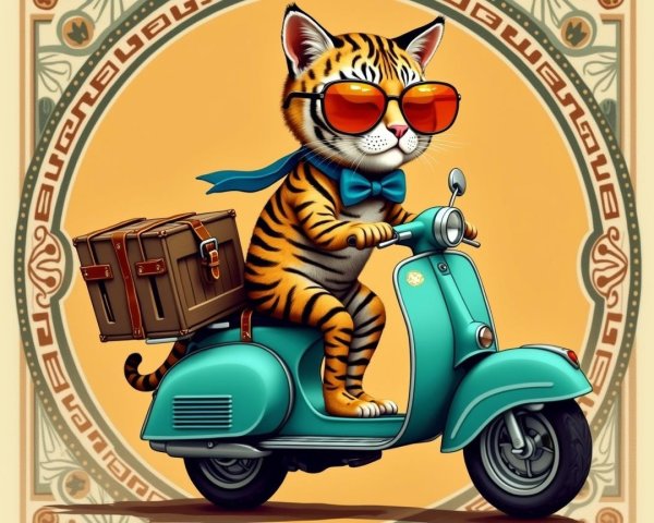 Orange and black striped cat on turquoise scooter