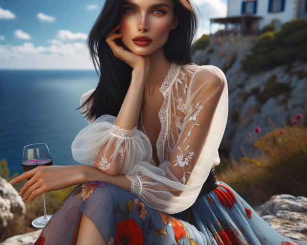 Woman in Sheer Blouse by Coastal View and Flowers