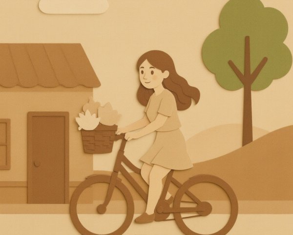 Stylized Paper-Cut Illustration of Girl on Bicycle