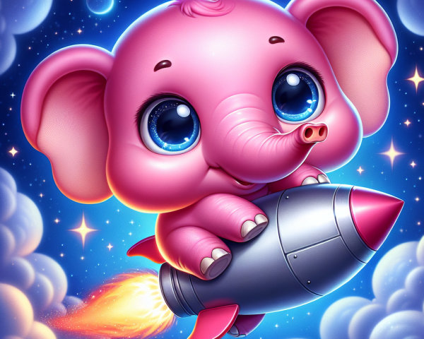Cartoon Pink Elephant Riding Rocket in Starry Sky