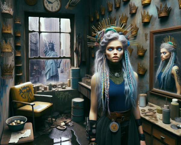 Young woman with blue and purple hair in urban room