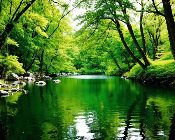 Serene River in Lush Green Landscape with Reflections
