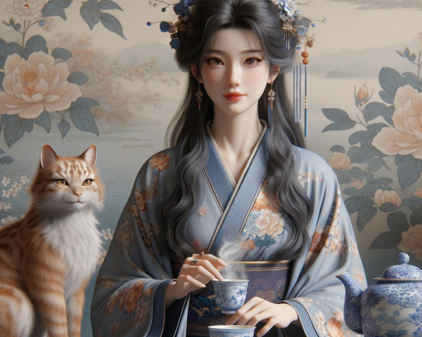 Young Woman in Blue Kimono with Cat and Tea Setup