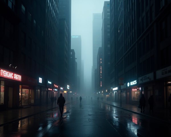 Misty Urban Street with Silhouetted Pedestrians