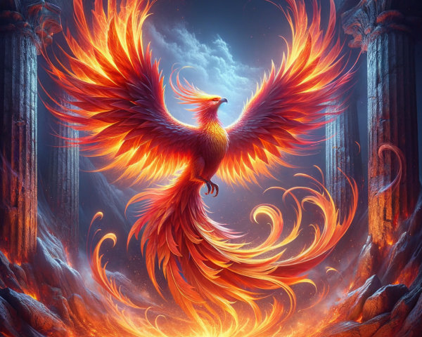 Majestic phoenix rising with vibrant fiery feathers