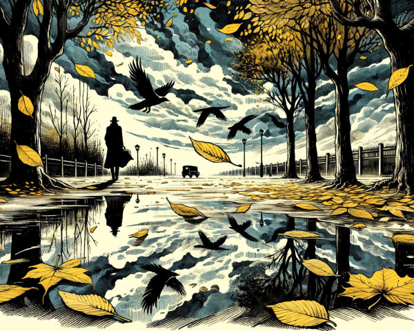 Lone Figure on Tree-Lined Path in Autumn Landscape