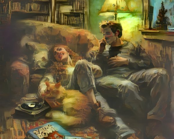 Cozy Living Room with Couple, Cat, and Bookshelves