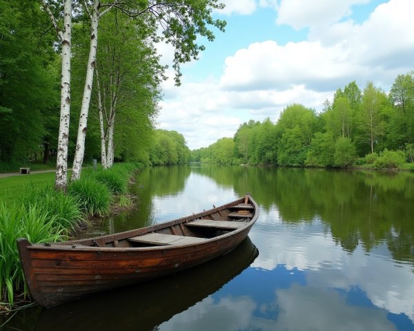 Serene River Scene with Boat and Lush Greenery