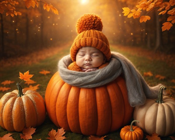 Baby Sleeping in Pumpkin Surrounded by Autumn Leaves