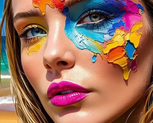 Close-Up Portrait of Woman with Colorful Face Paint