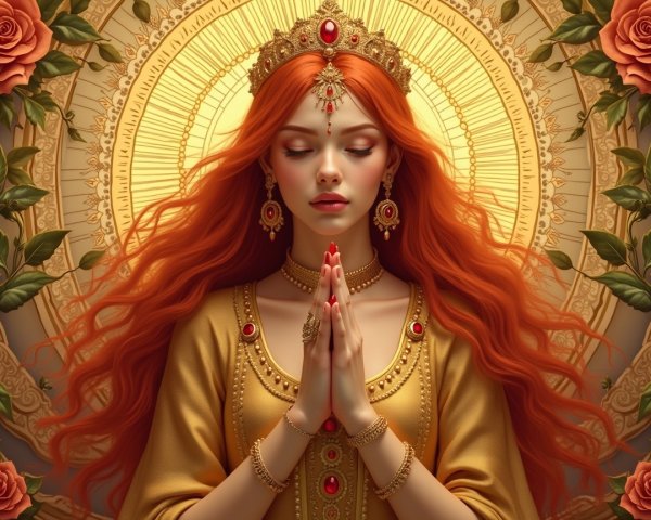 Serene Woman in Golden Gown Surrounded by Roses
