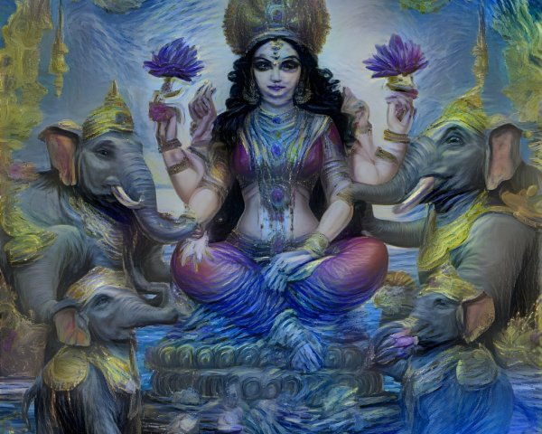 Serene goddess on lotus with elephants and glow