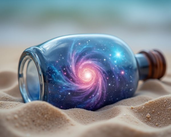 Glass Bottle with Cosmic Galaxy Design on Beach