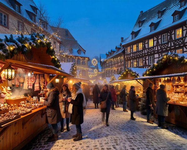 Busy European Christmas Market at Dusk with Snow