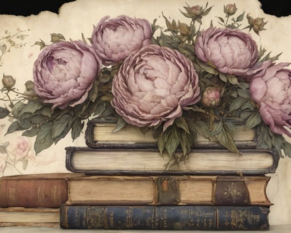 Purple Peonies on Vintage Books with Floral Motifs