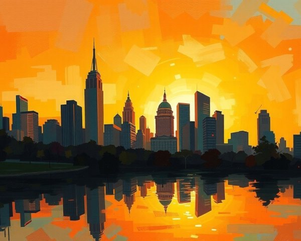 Vibrant Sunset Skyline with Abstract Architecture