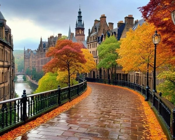 Autumn Walkway with Vibrant Trees and Cobblestone Path