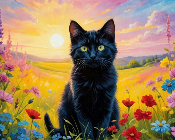 Black Cat in Colorful Wildflower Field Under Sunlight