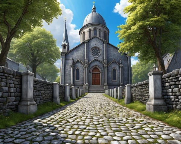 Stone Church Surrounded by Lush Greenery and Sky