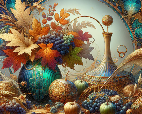 Autumn Still Life with Leaves, Grapes, and Decoratives