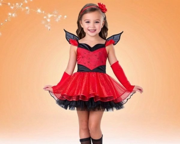 Young girl in vibrant red and black costume with wings