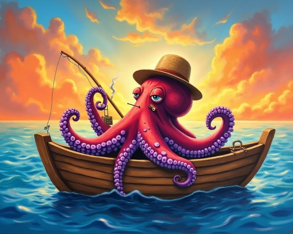 Whimsical Painting of Octopus in Sunset Boat Scene
