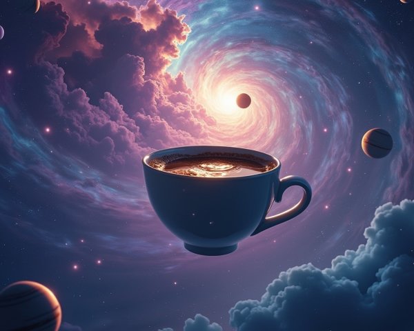 Floating Coffee Cup in a Cosmic Galaxy Scene