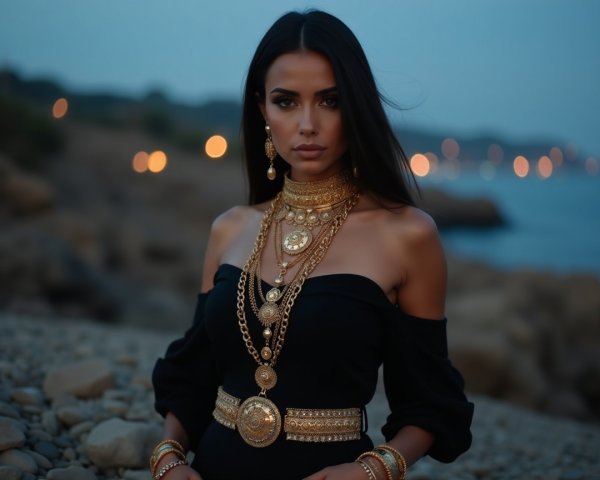 Elegant Woman in Black Dress on Rocky Coastline at Dusk