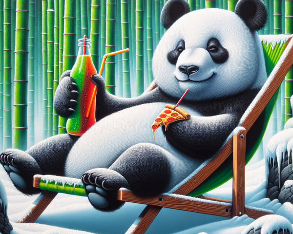 Playful panda relaxing with pizza and soda in bamboo