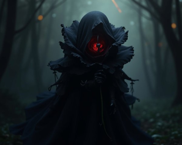 Mysterious Figure with Flower Head in Misty Forest