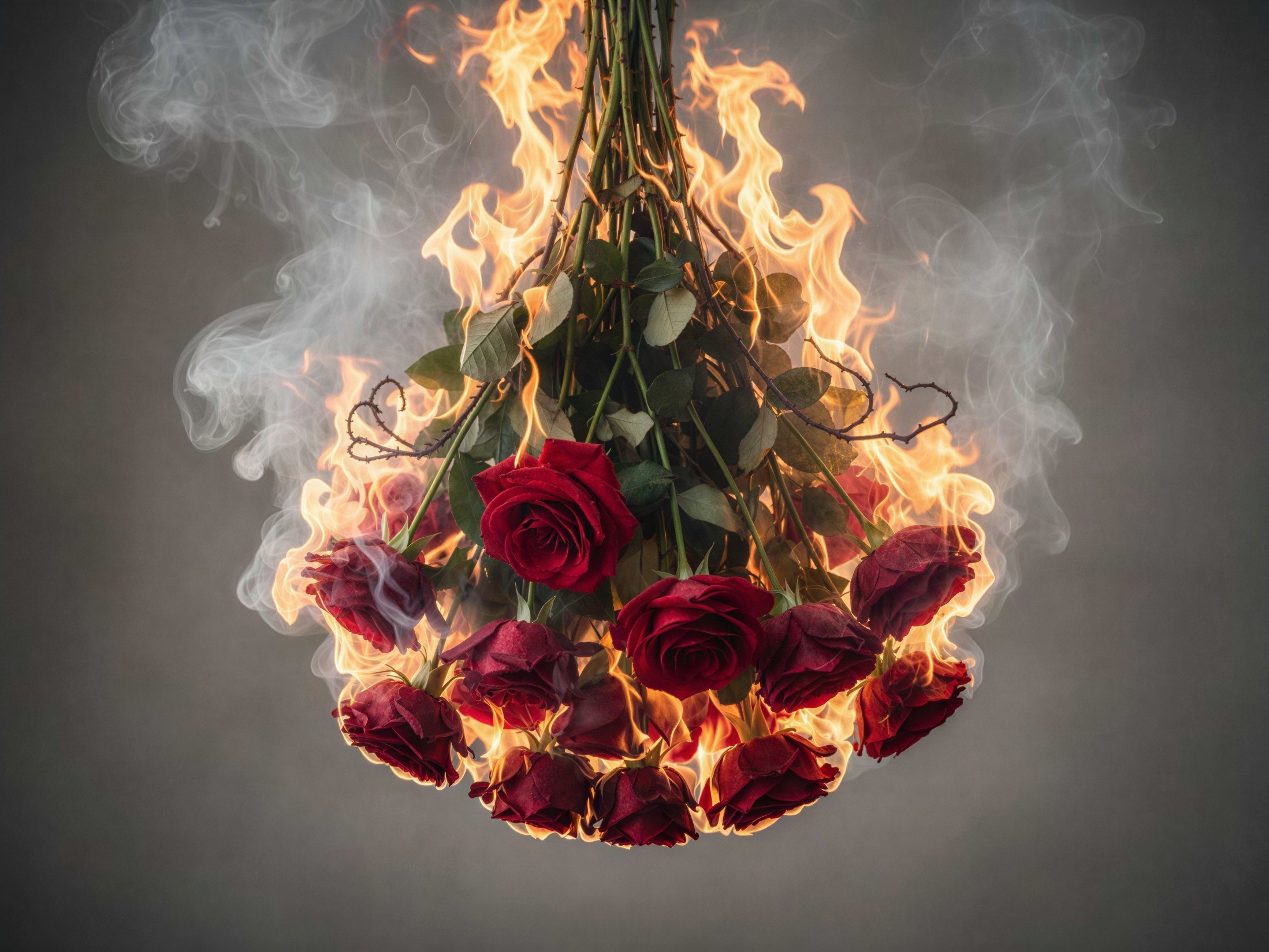 Burning Bouquet of Red Roses with Flames and Smoke
