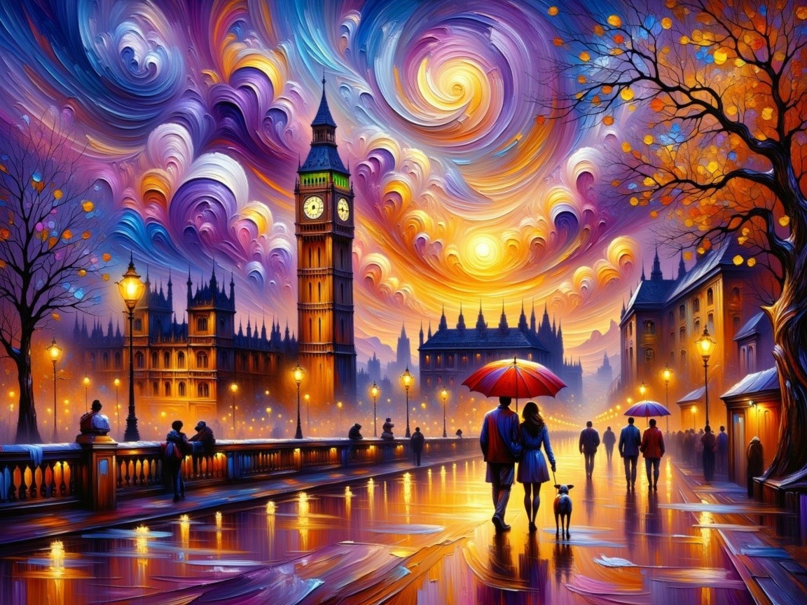 Colorful London Evening with Big Ben and Couples Strolling