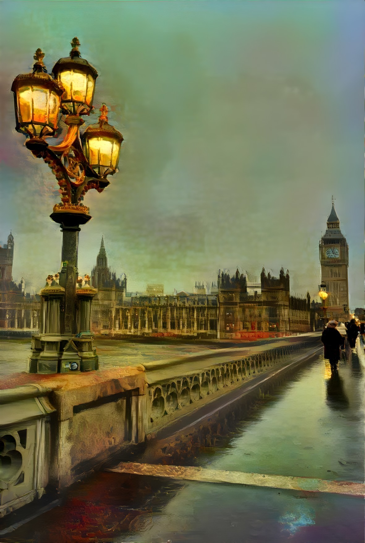 Bridge with Vintage Lamps and Big Ben in Rainy Scene