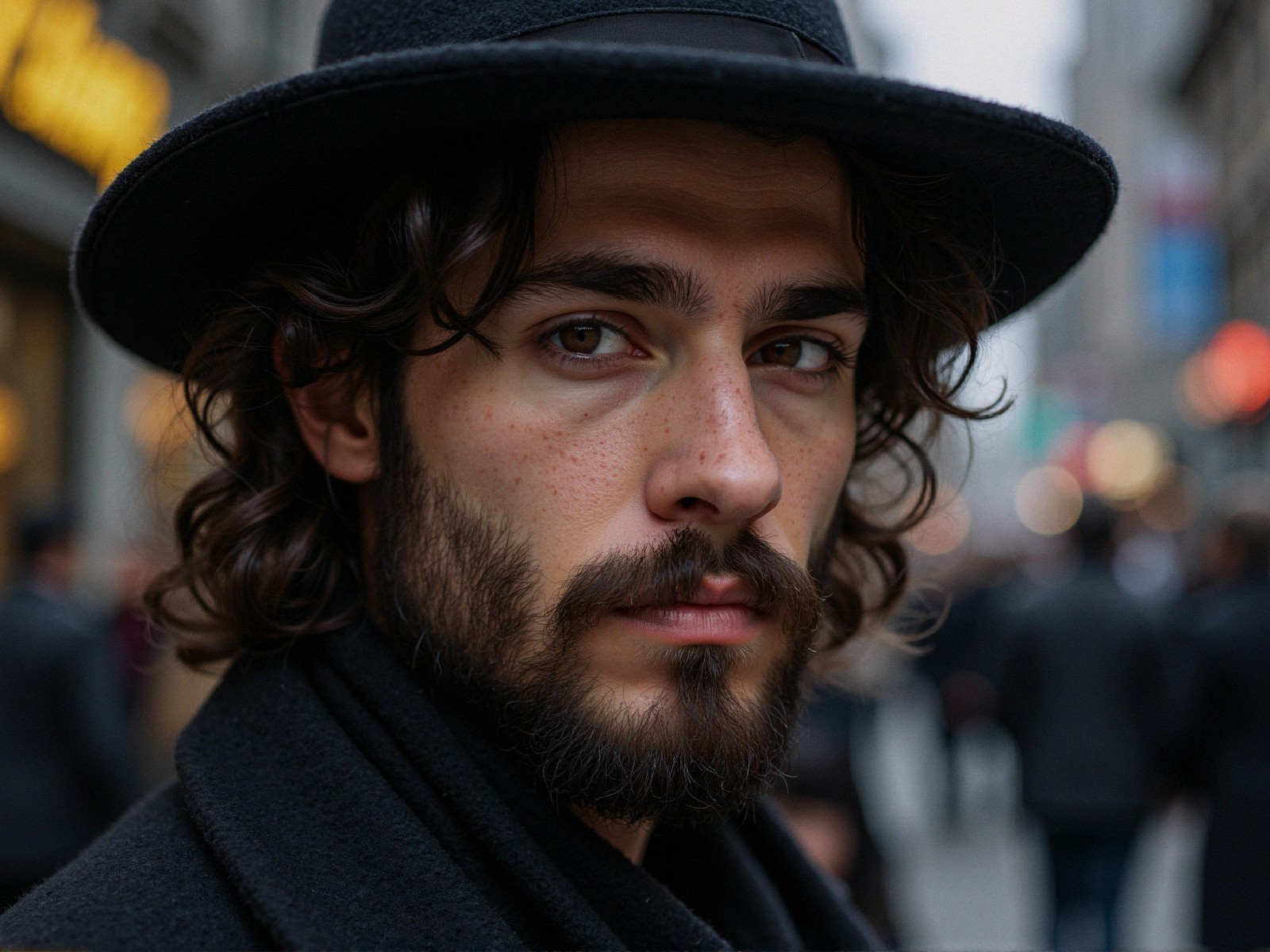 Portrait of a man with curly hair and fedora hat