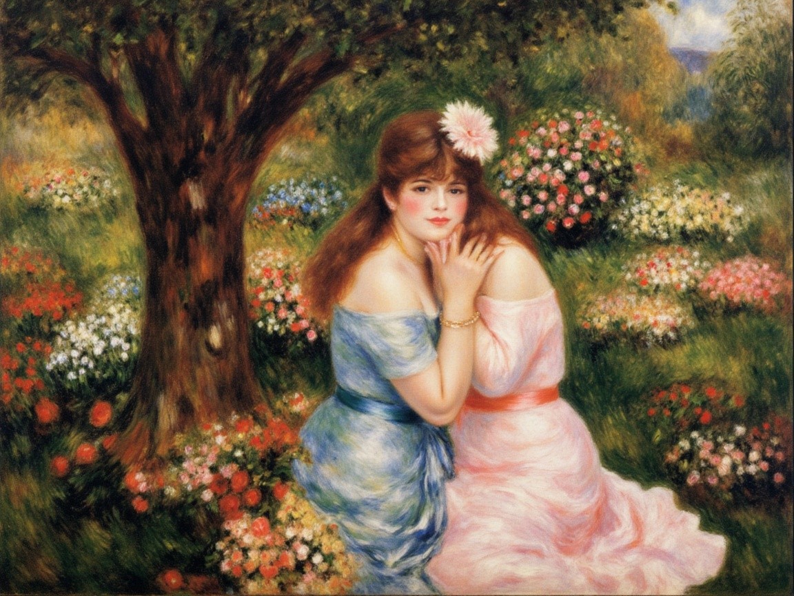 Young Women in a Colorful Garden Scene