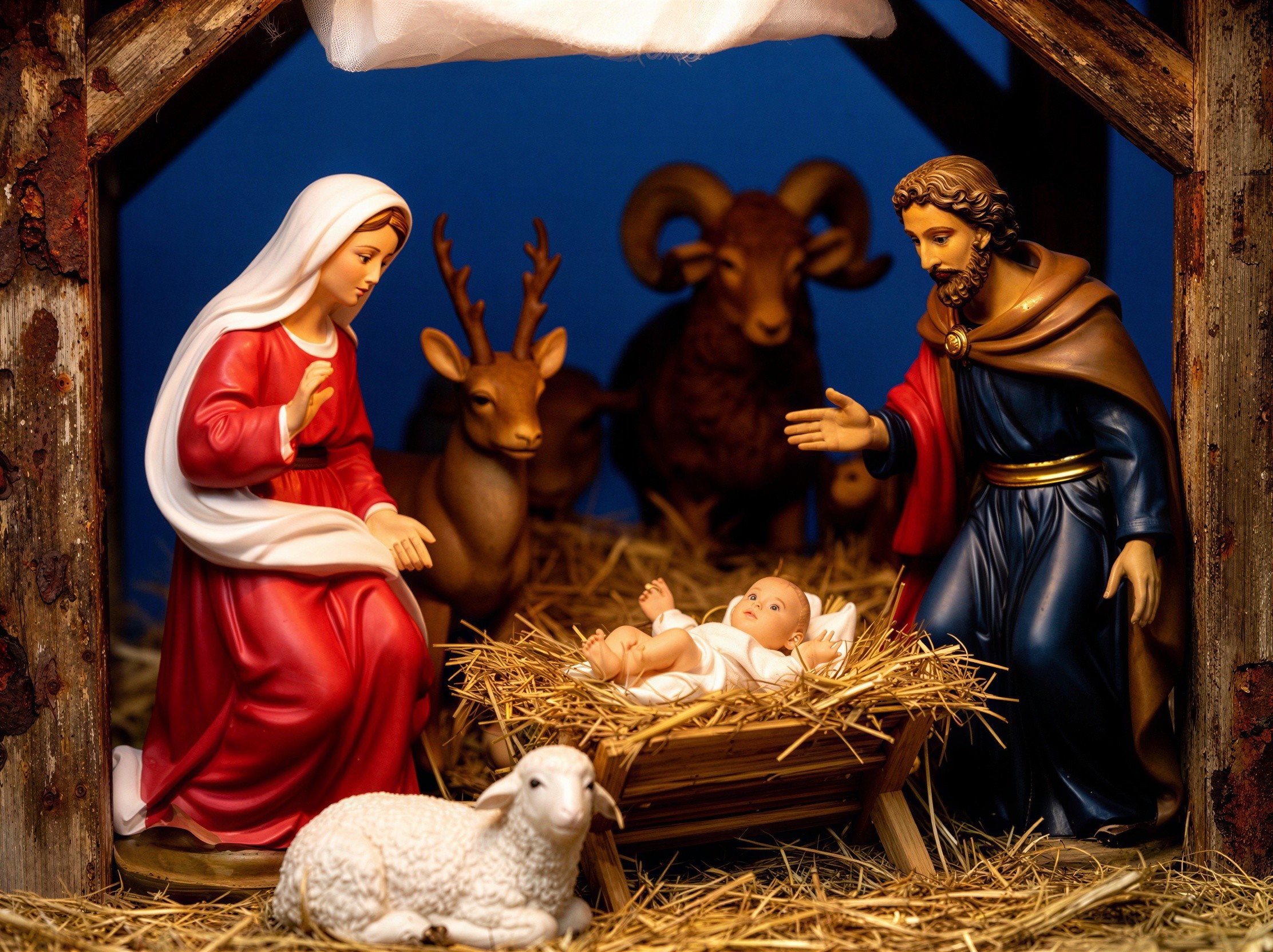 Close-Up of Ceramic Nativity Scene with Figurines