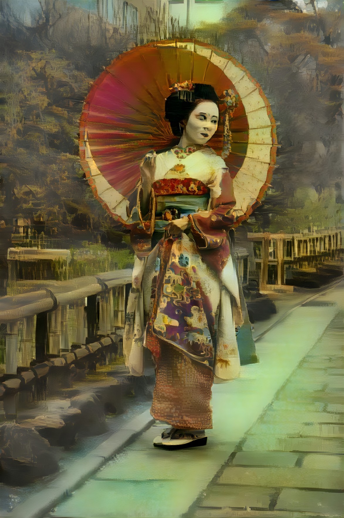 Elegant Japanese Geisha in Colorful Kimono and Parasol