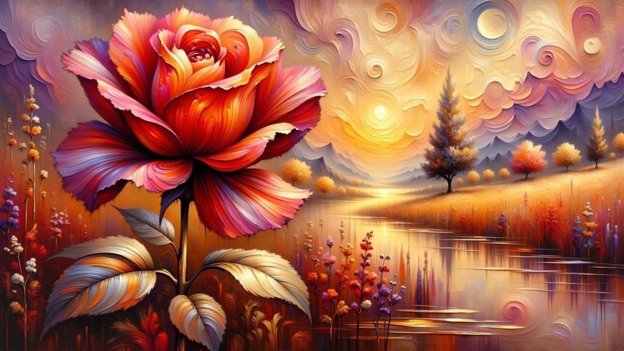 Vibrant Landscape with Ornate Rose and Serene River