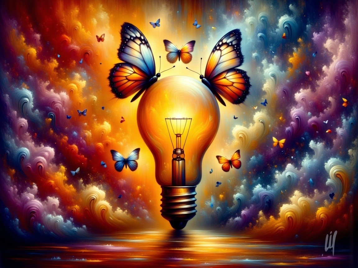 Surreal Scene of Light Bulb and Colorful Butterflies