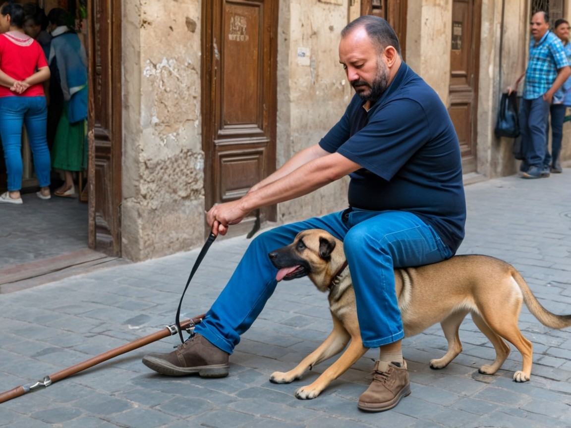 Man and dog resting on a cobblestone street