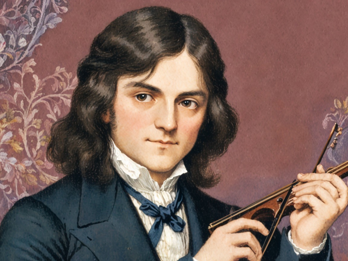 Young man in formal suit holding a violin portrait