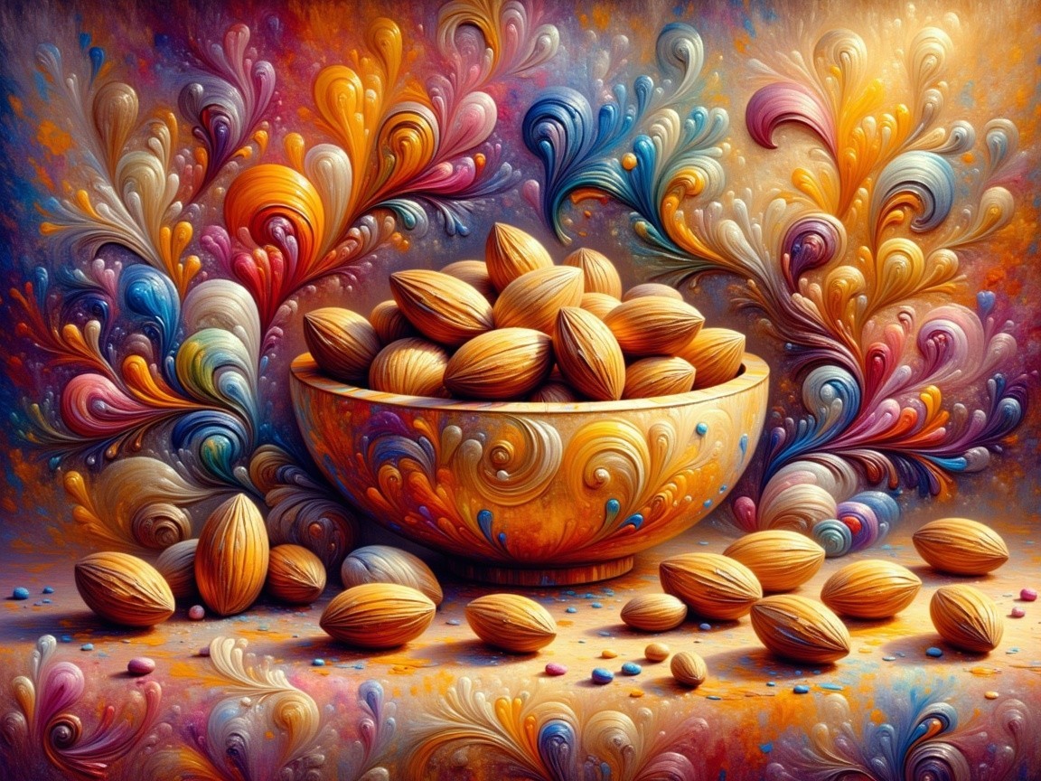 Colorful Composition of Almonds in Wooden Bowl