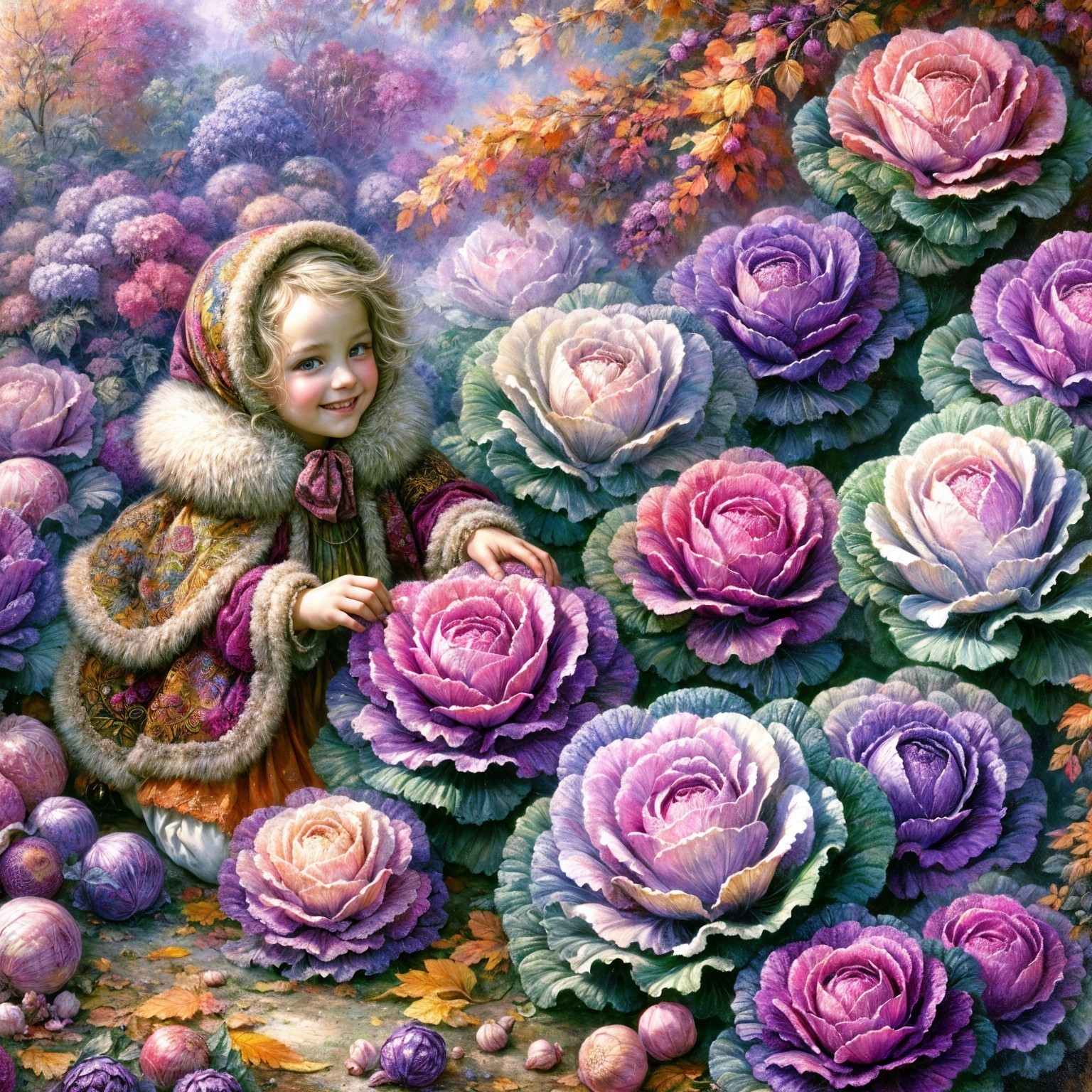 Young girl in hooded cloak touching purple cabbages