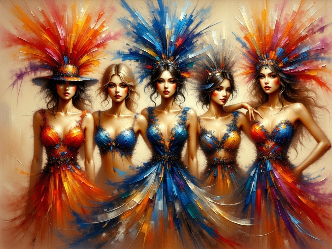 Elegant Women in Vibrant Costumes with Feathered Headdresses