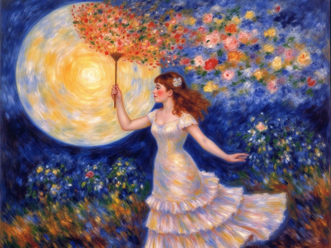 Woman in White Dress with Floral Umbrella Under Moon