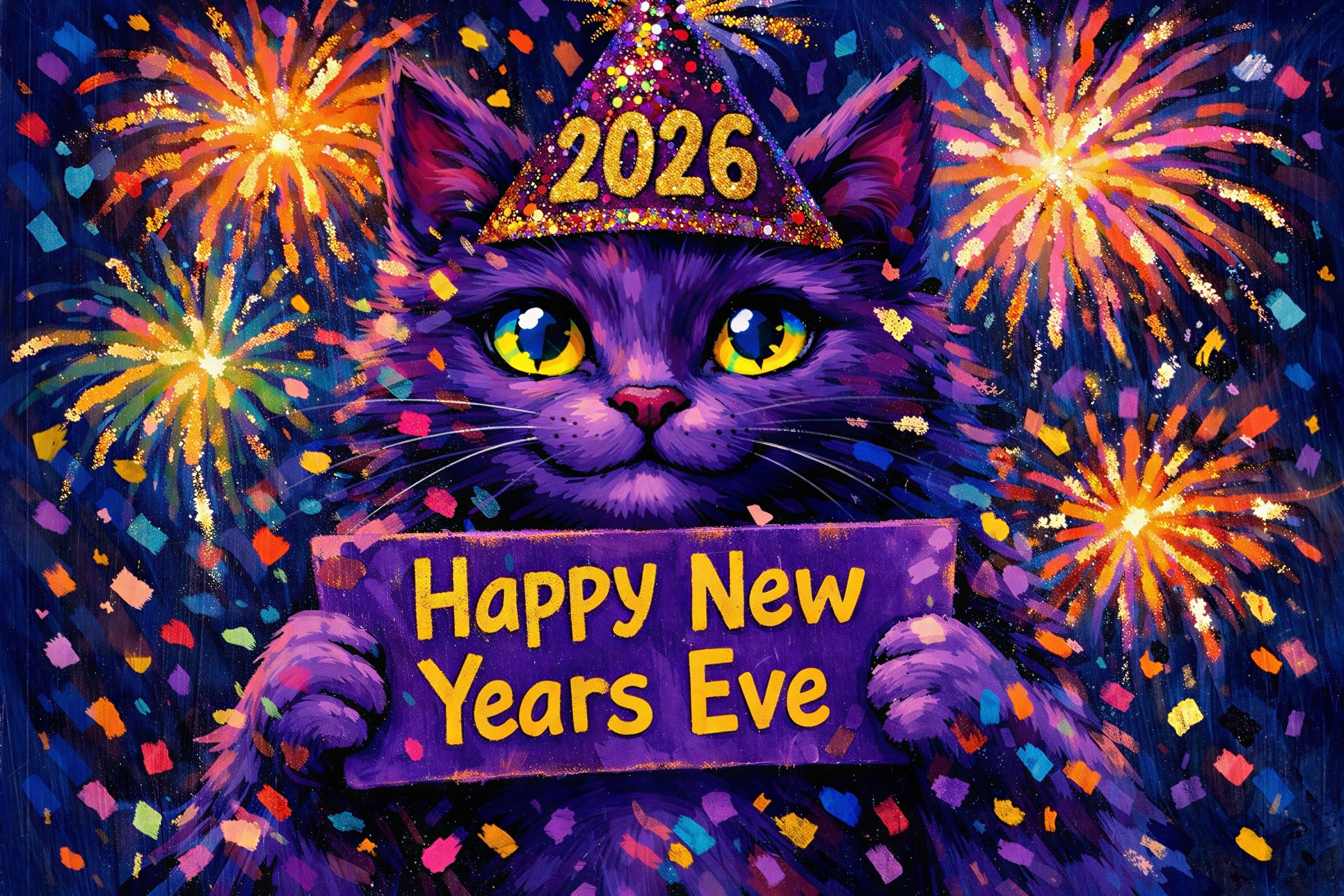 Vibrant Oil Painting of Purple Cat Celebrating New Year