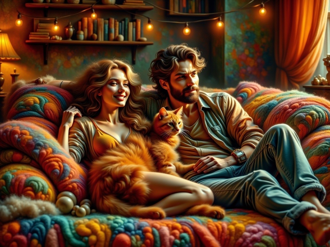 Cozy Room with Colorful Couch and Relaxed Couple