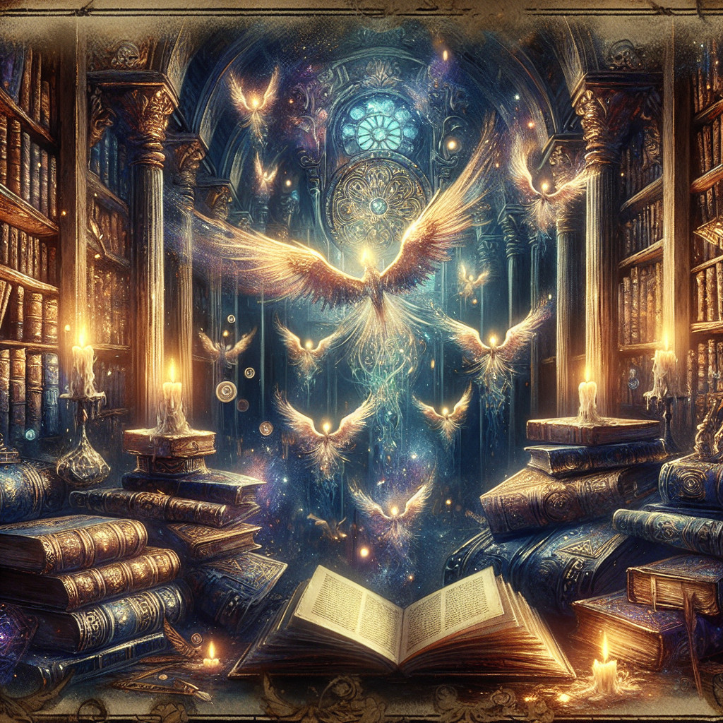 Magical Library with Ancient Books and Phoenixes