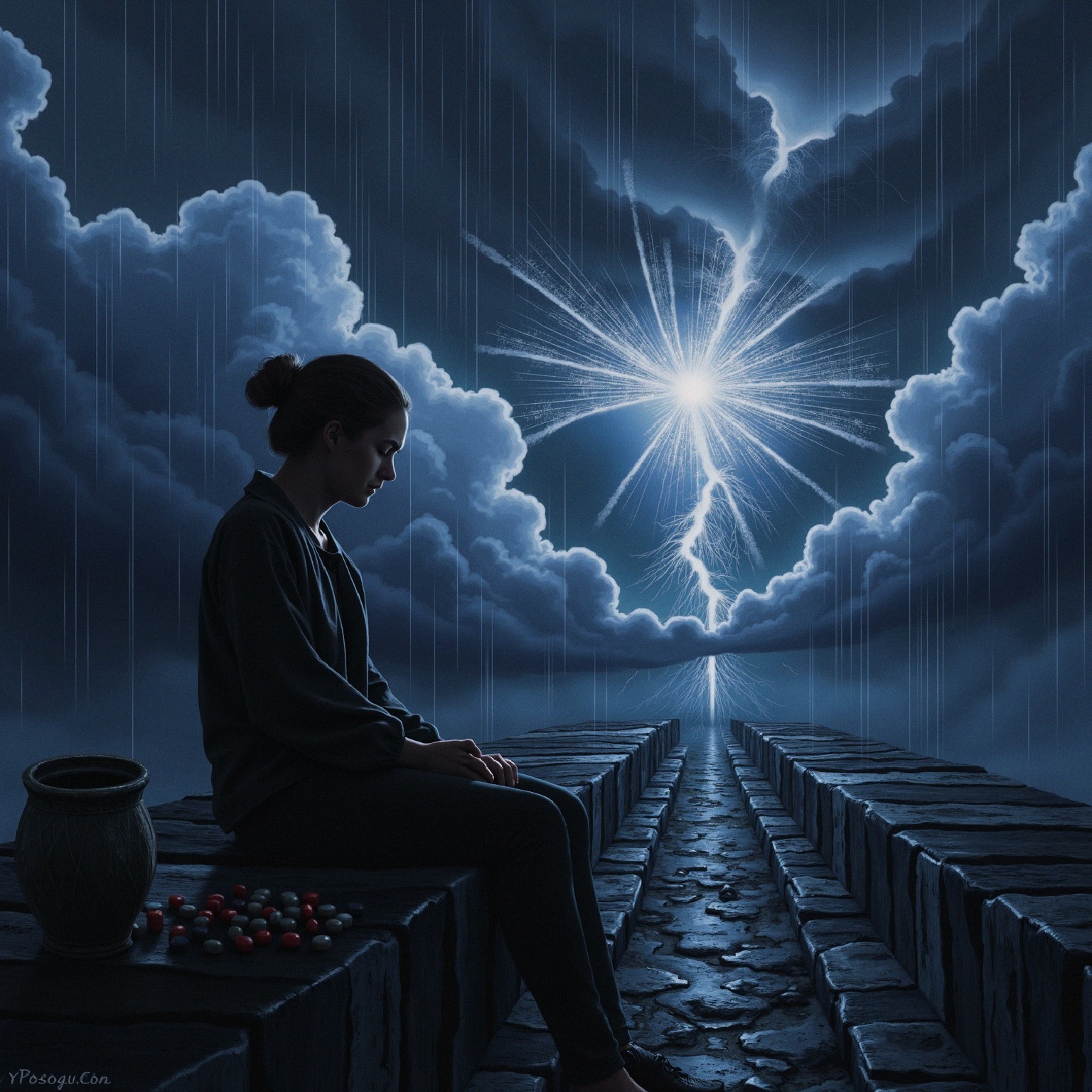Surreal Scene of Woman on Pathway with Lightning Sky