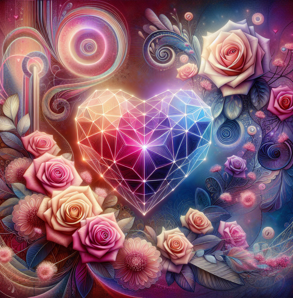 Geometric Heart Artwork with Colorful Floral Elements